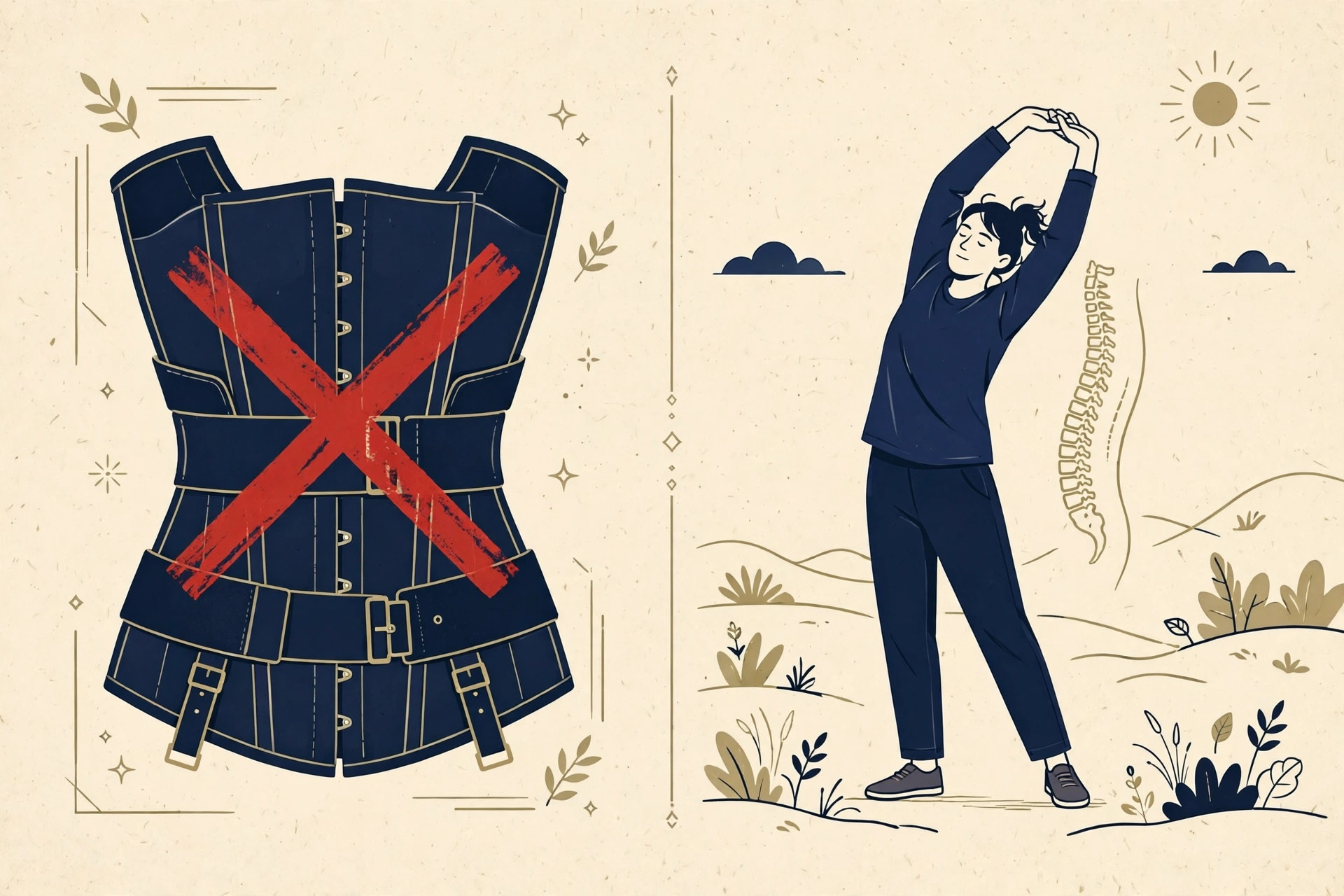 Editorial illustration for Back Pain? Don't Trust Posture Braces.