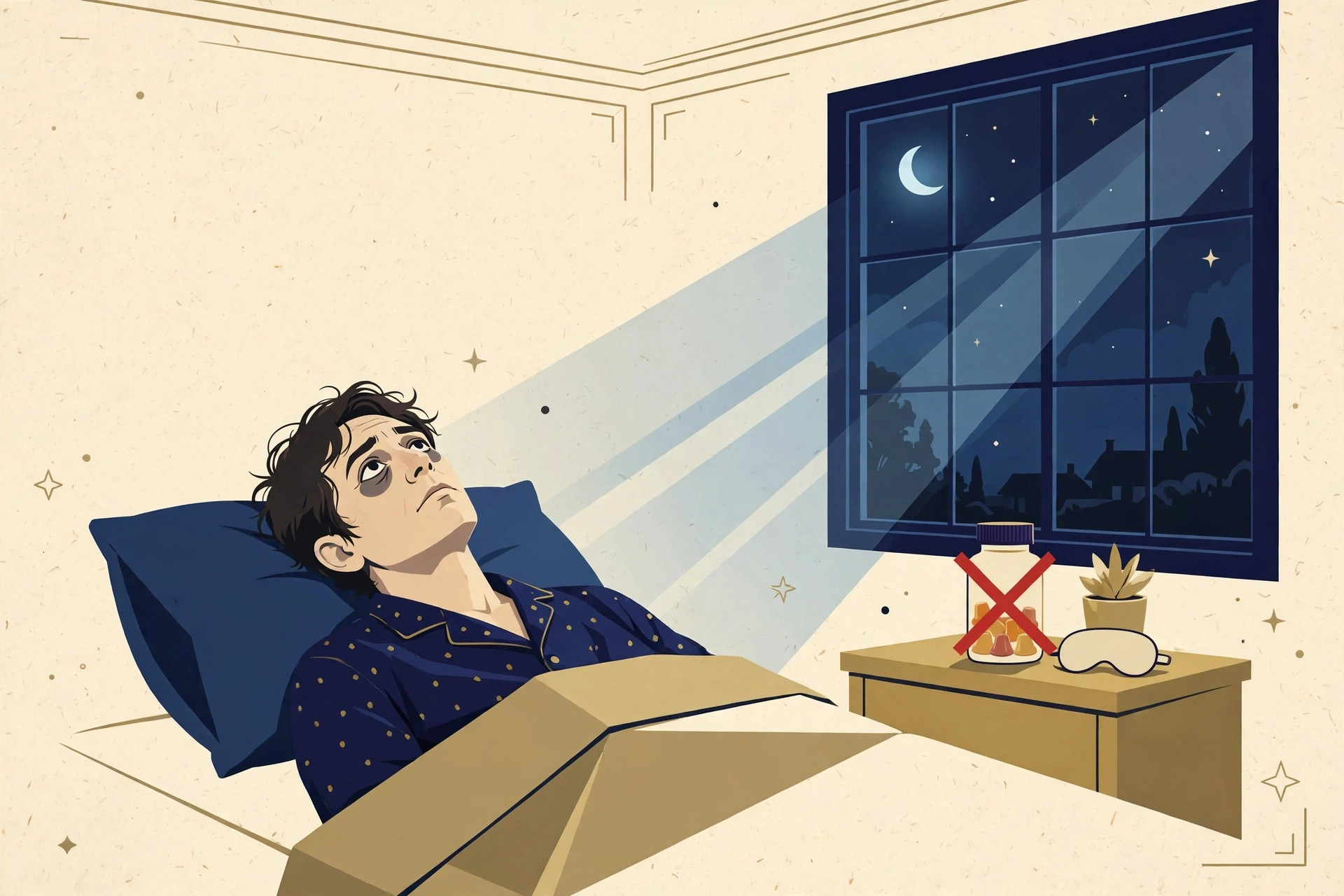 Editorial illustration for Can't Sleep? Don't Trust Melatonin Gummies.